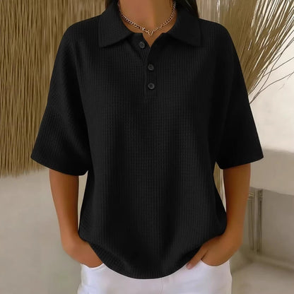 Effortless Waffle Knit Blouses for Women with Polo Neck Button Short Sleeve Loose Fit Casual Style