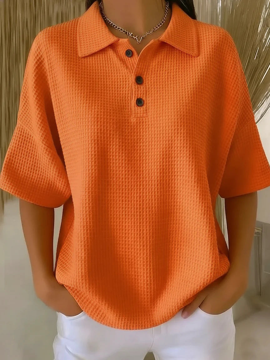 Effortless Waffle Knit Blouses for Women with Polo Neck Button Short Sleeve Loose Fit Casual Style