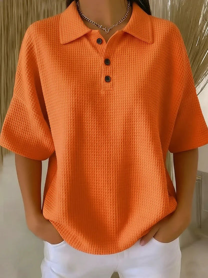 Effortless Waffle Knit Blouses for Women with Polo Neck Button Short Sleeve Loose Fit Casual Style