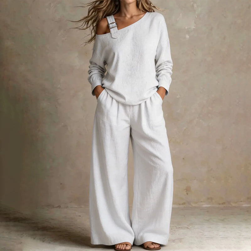 Effortless Knit Wide Leg Set for Women with Off Shoulder Long Sleeve Buckle Strap Fall Casual Style