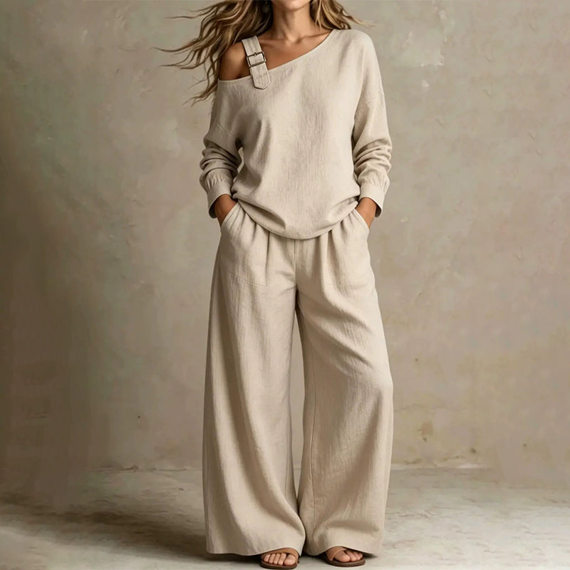Effortless Knit Wide Leg Set for Women with Off Shoulder Long Sleeve Buckle Strap Fall Casual Style