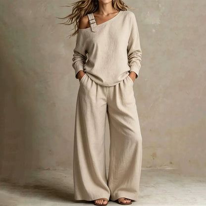 Effortless Knit Wide Leg Set for Women with Off Shoulder Long Sleeve Buckle Strap Fall Casual Style