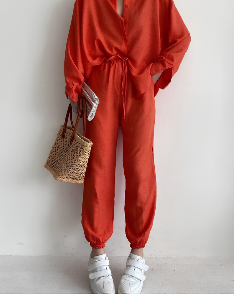 Effortless Linen Shirt Set for Women with Collar Long Sleeve Wide Leg Pant Two Piece Style