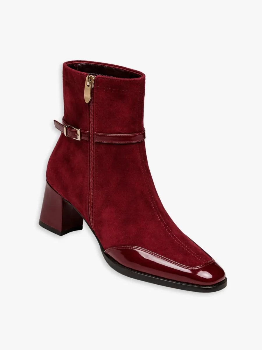 Elegant Booties for Women with Square Toe Buckle Strap Block Heel Side Zip Style