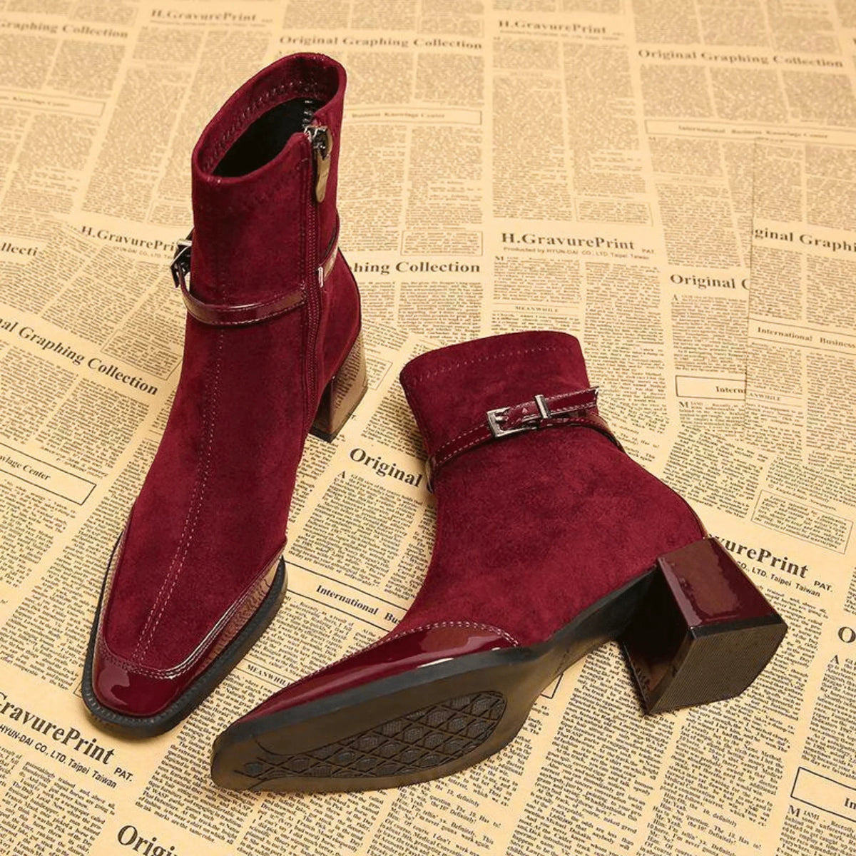 Elegant Booties for Women with Square Toe Buckle Strap Block Heel Side Zip Style