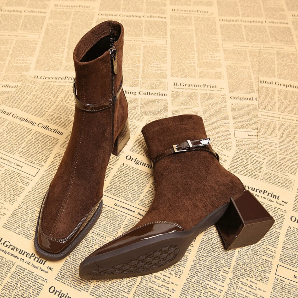 Elegant Booties for Women with Square Toe Buckle Strap Block Heel Side Zip Style