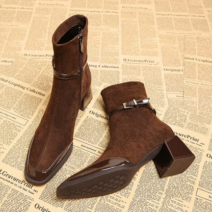 Elegant Booties for Women with Square Toe Buckle Strap Block Heel Side Zip Style