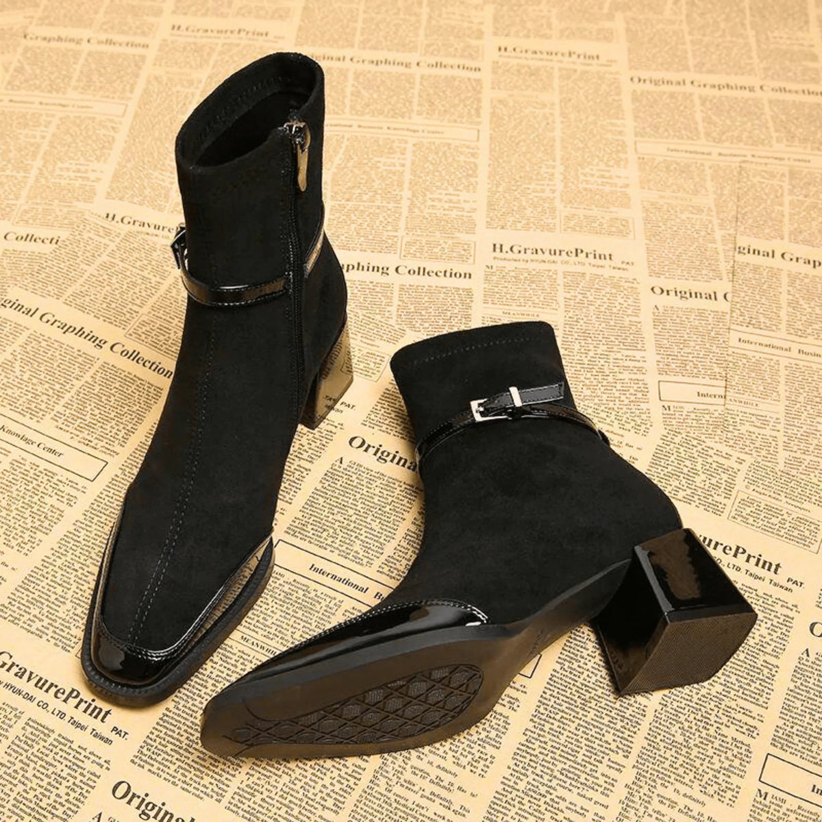 Elegant Booties for Women with Square Toe Buckle Strap Block Heel Side Zip Style