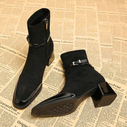 Elegant Booties for Women with Square Toe Buckle Strap Block Heel Side Zip Style