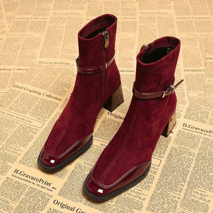 Elegant Booties for Women with Square Toe Buckle Strap Block Heel Side Zip Style
