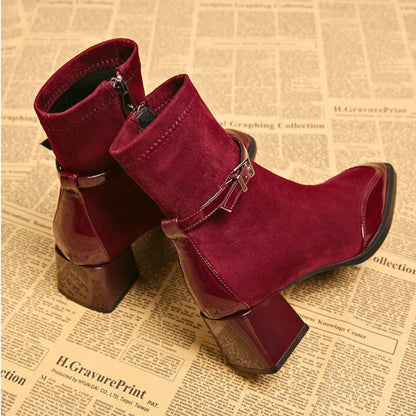 Elegant Booties for Women with Square Toe Buckle Strap Block Heel Side Zip Style