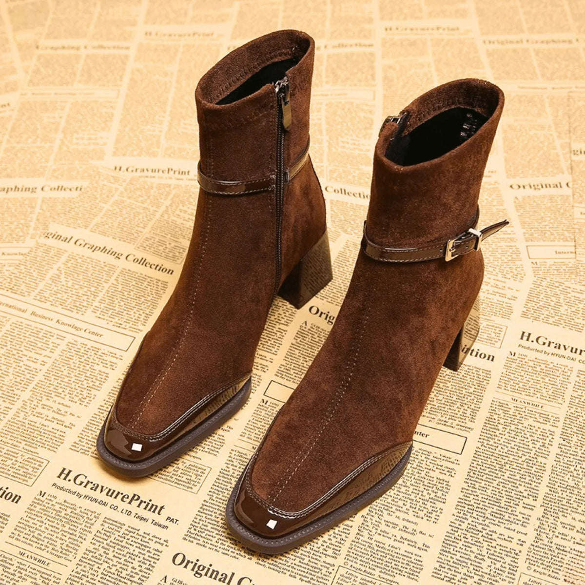 Elegant Booties for Women with Square Toe Buckle Strap Block Heel Side Zip Style