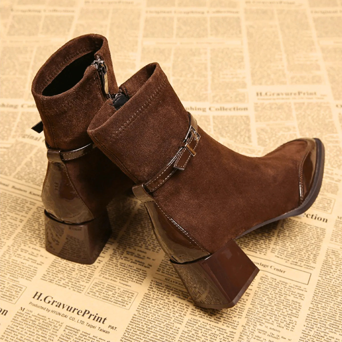 Elegant Booties for Women with Square Toe Buckle Strap Block Heel Side Zip Style