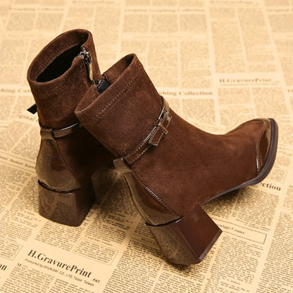 Elegant Booties for Women with Square Toe Buckle Strap Block Heel Side Zip Style