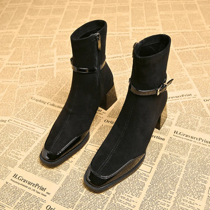 Elegant Booties for Women with Square Toe Buckle Strap Block Heel Side Zip Style