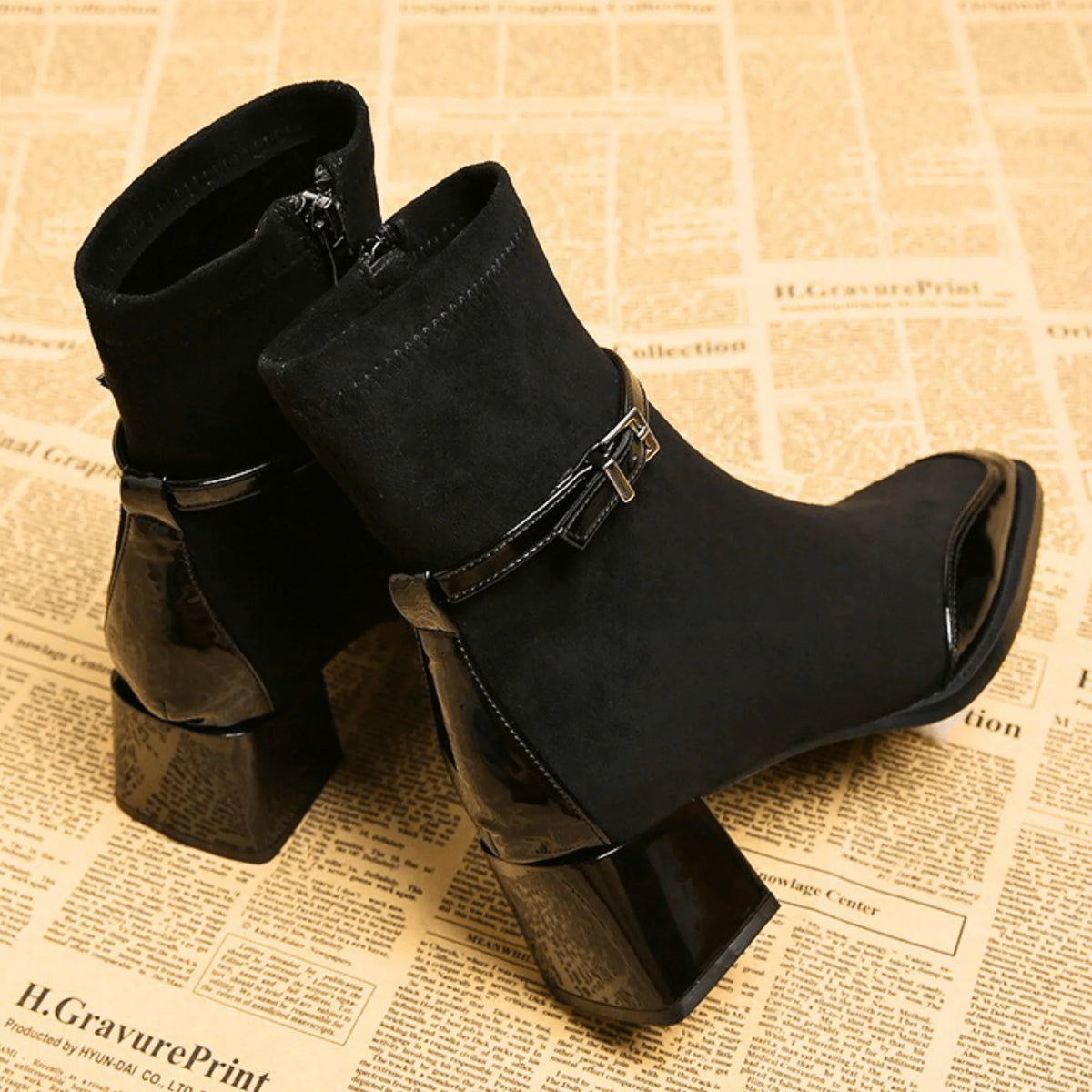 Elegant Booties for Women with Square Toe Buckle Strap Block Heel Side Zip Style