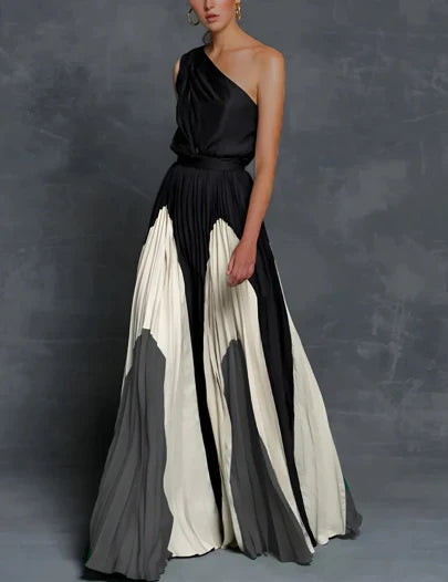 Elegant Mother of the Bride Dresses for Women with One Shoulder Color Block Pleated Maxi Gown Formal Wedding Guest Style