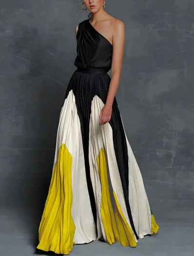 Elegant Mother of the Bride Dresses for Women with One Shoulder Color Block Pleated Maxi Gown Formal Wedding Guest Style
