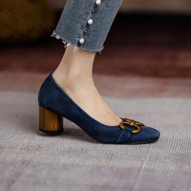 Elegant Pumps for Women with Square Toe Block Heel Buckle Suede Mary Jane Style