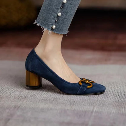 Elegant Pumps for Women with Square Toe Block Heel Buckle Suede Mary Jane Style