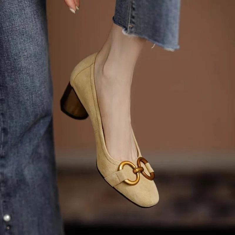 Elegant Pumps for Women with Square Toe Block Heel Buckle Suede Mary Jane Style