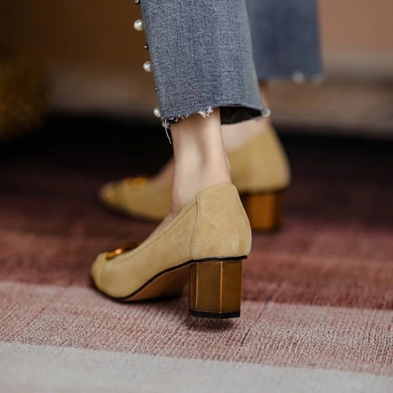 Elegant Pumps for Women with Square Toe Block Heel Buckle Suede Mary Jane Style