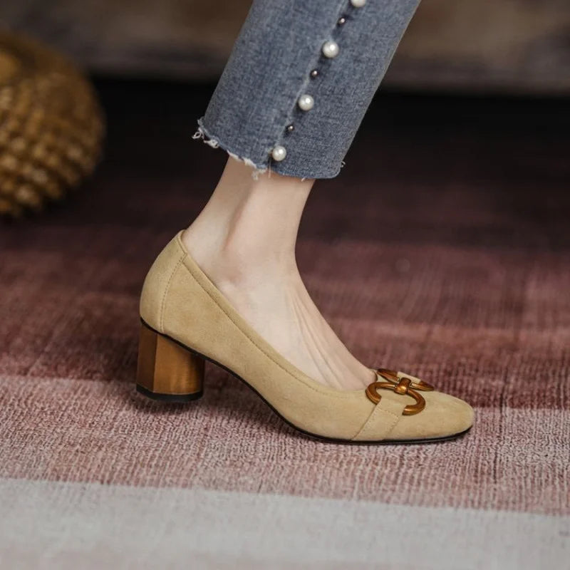 Elegant Pumps for Women with Square Toe Block Heel Buckle Suede Mary Jane Style