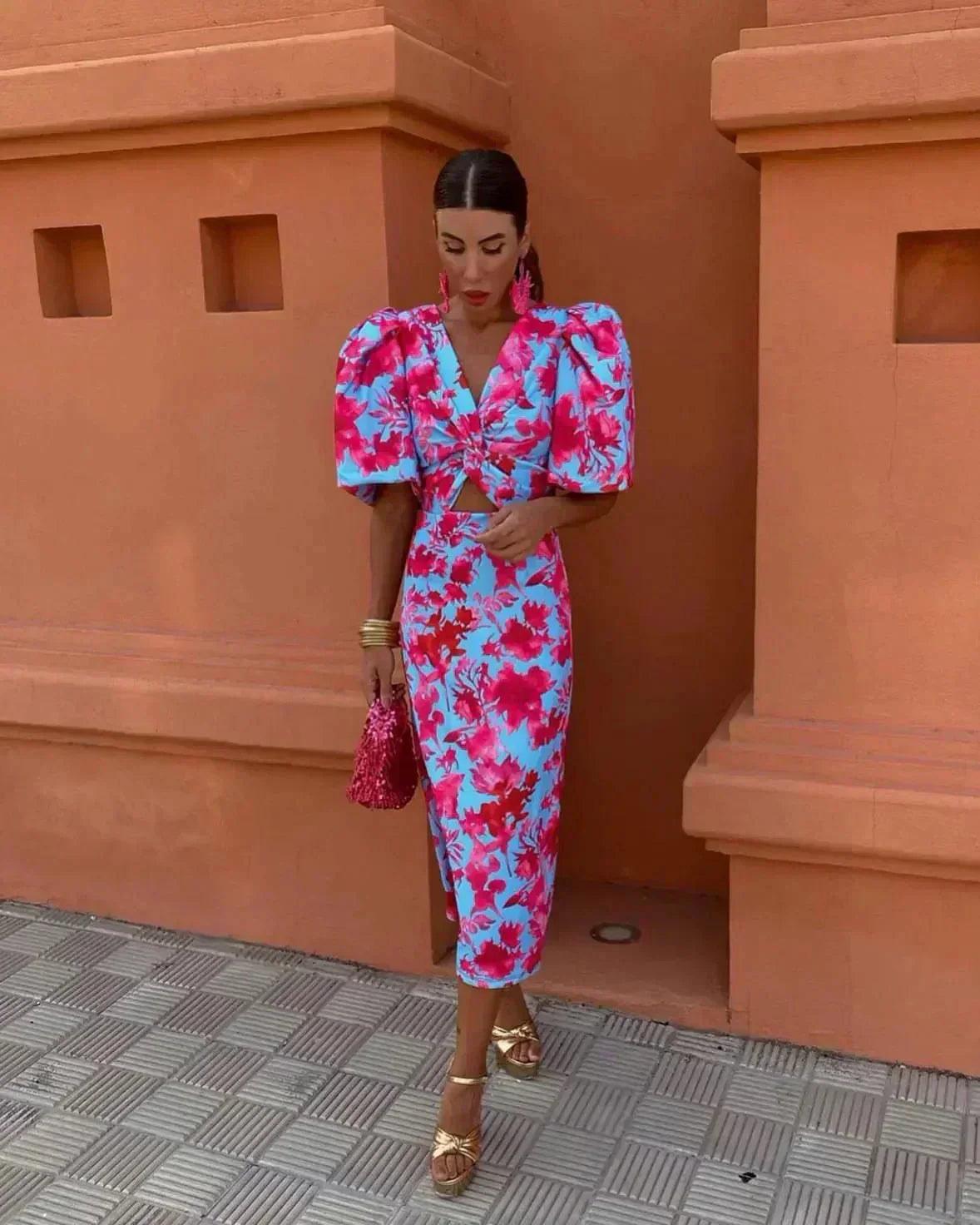 Elegant Blue Red Floral Print Midi Dress for Women with V Neck Puff Sleeve Cutout Waist Flowing Style