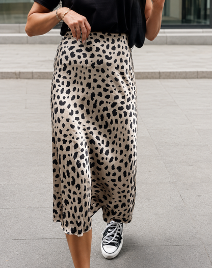 Elegant Leopard Print Satin Midi Skirt for Women with High Waist Bias Cut Flowing Style