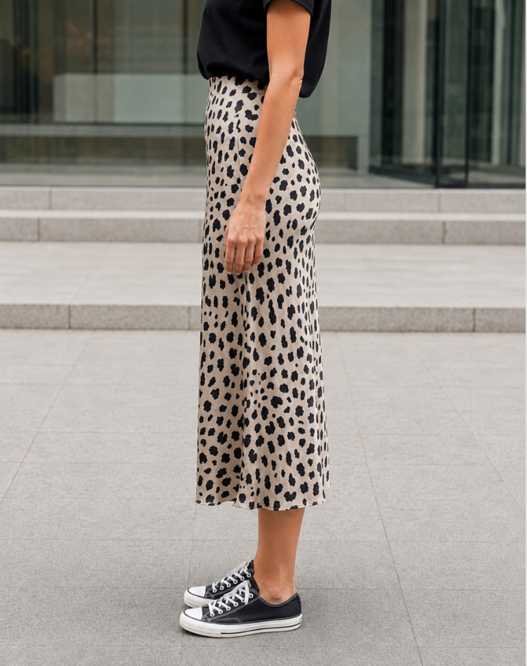 Elegant Leopard Print Satin Midi Skirt for Women with High Waist Bias Cut Flowing Style