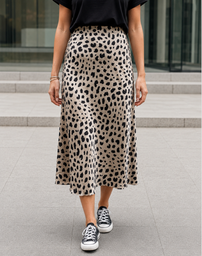 Elegant Leopard Print Satin Midi Skirt for Women with High Waist Bias Cut Flowing Style