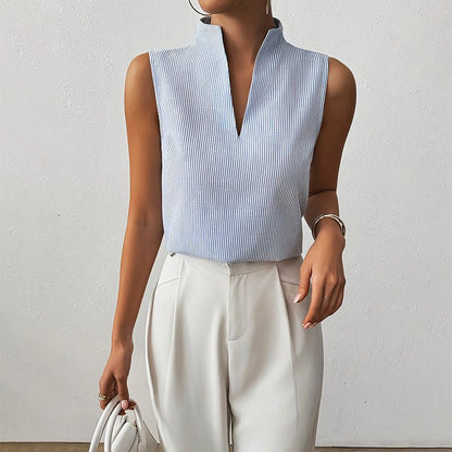 Effortless Sleeveless Blouses for Women with V Neck Stand Collar Relaxed Flowing Style