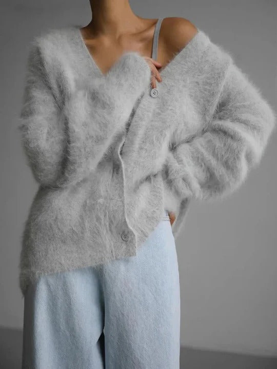 Comfortable Fuzzy Knit Cardigan for Women with V Neck Long Sleeve Button Front Oversized Style