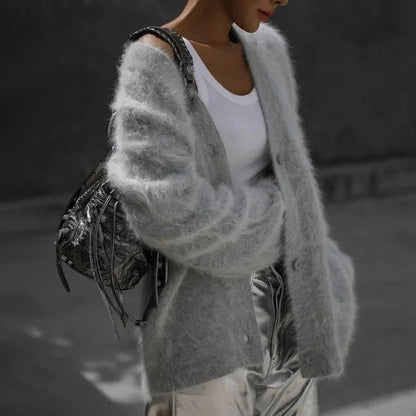 Comfortable Fuzzy Knit Cardigan for Women with V Neck Long Sleeve Button Front Oversized Style
