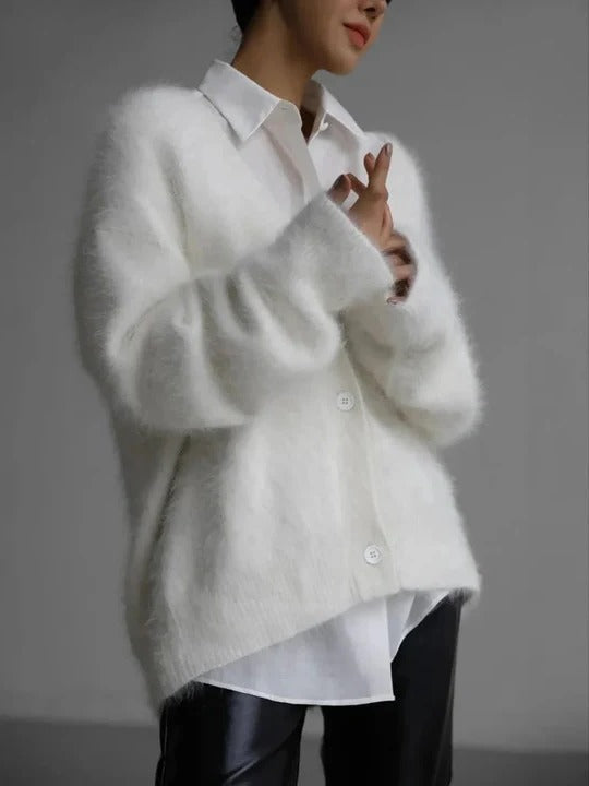 Comfortable Fuzzy Knit Cardigan for Women with V Neck Long Sleeve Button Front Oversized Style