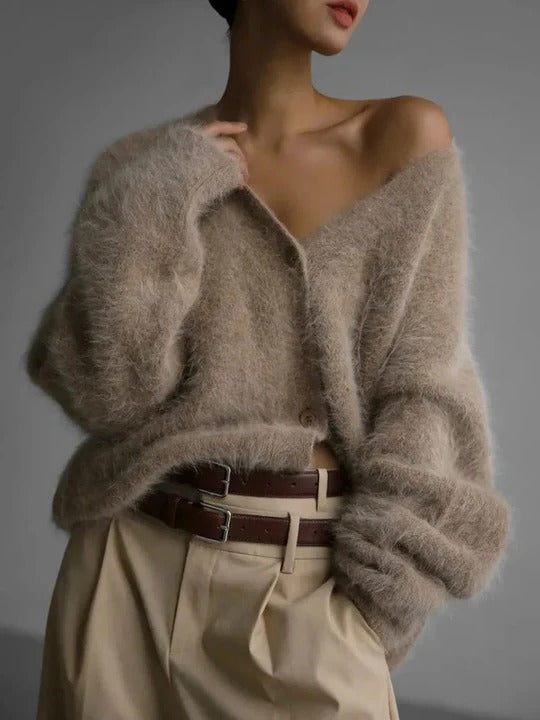Comfortable Fuzzy Knit Cardigan for Women with V Neck Long Sleeve Button Front Oversized Style