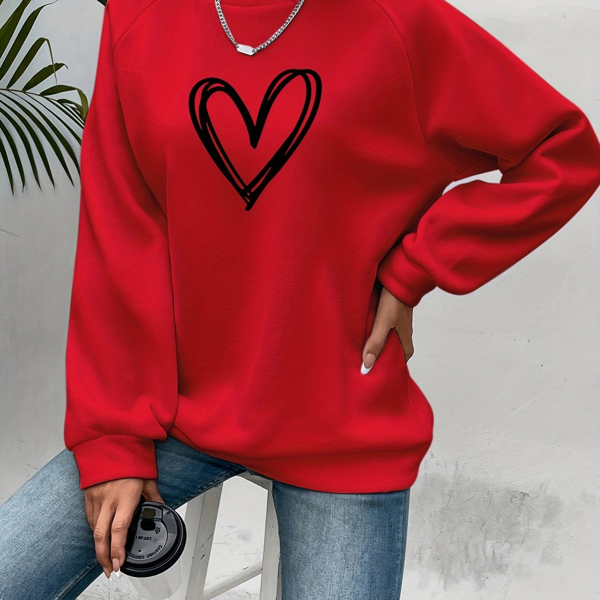 Cozy Oversized Sweatshirt for Women with Crew Neck Long Sleeve Heart Print Relaxed Style