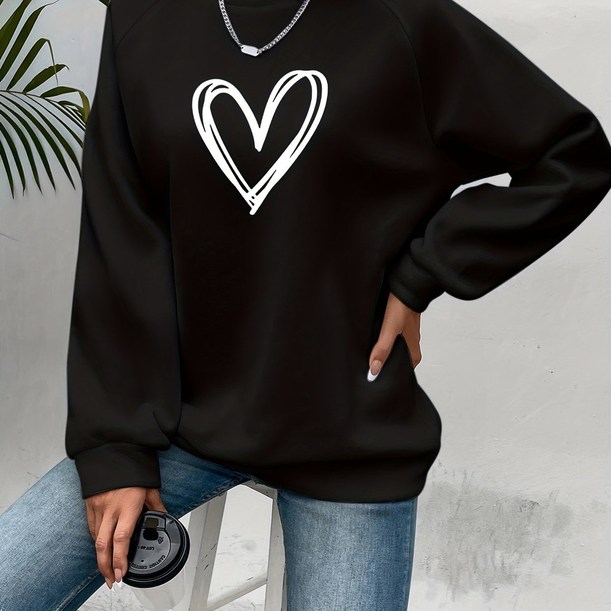 Cozy Oversized Sweatshirt for Women with Crew Neck Long Sleeve Heart Print Relaxed Style