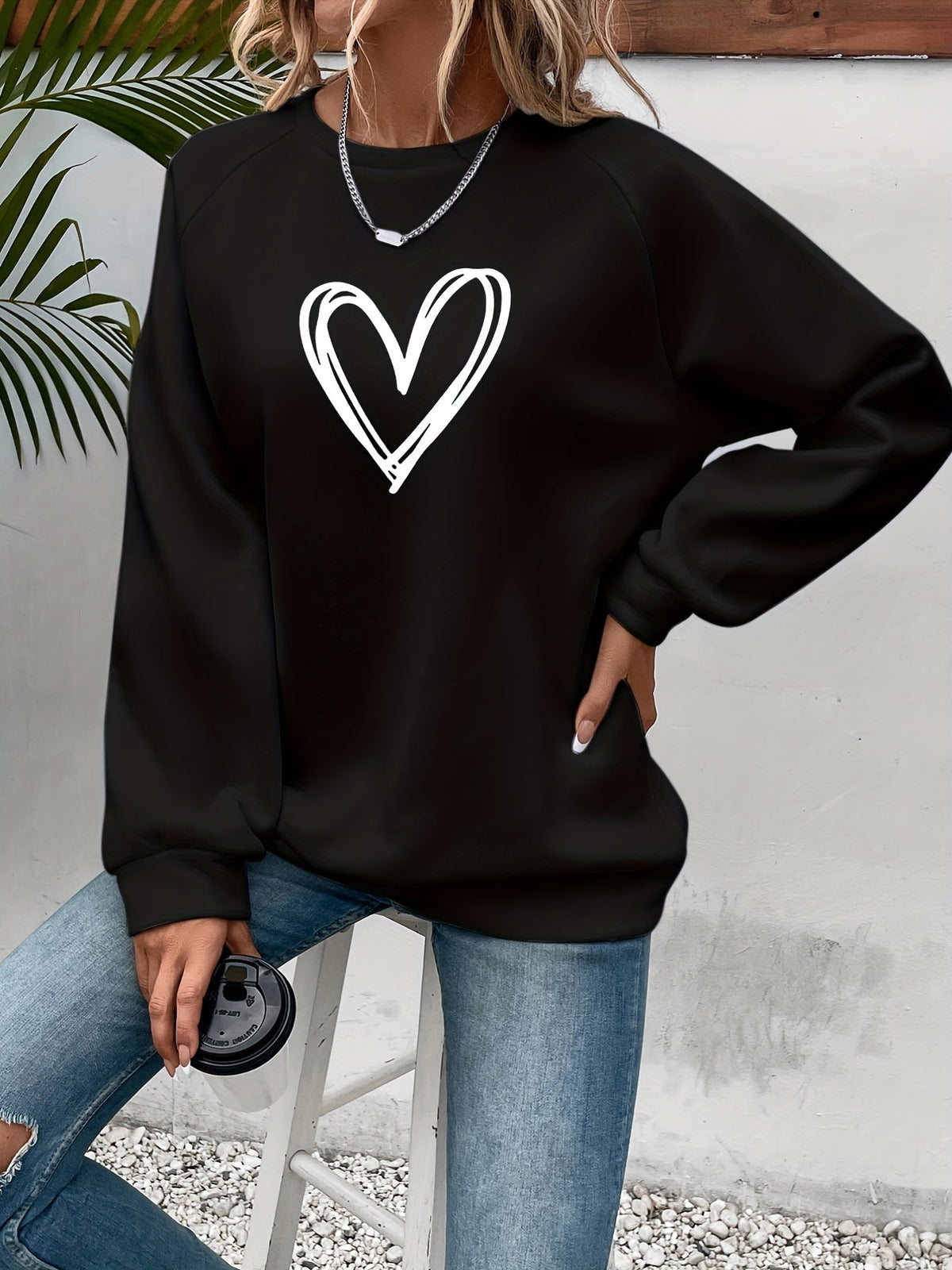 Cozy Oversized Sweatshirt for Women with Crew Neck Long Sleeve Heart Print Relaxed Style
