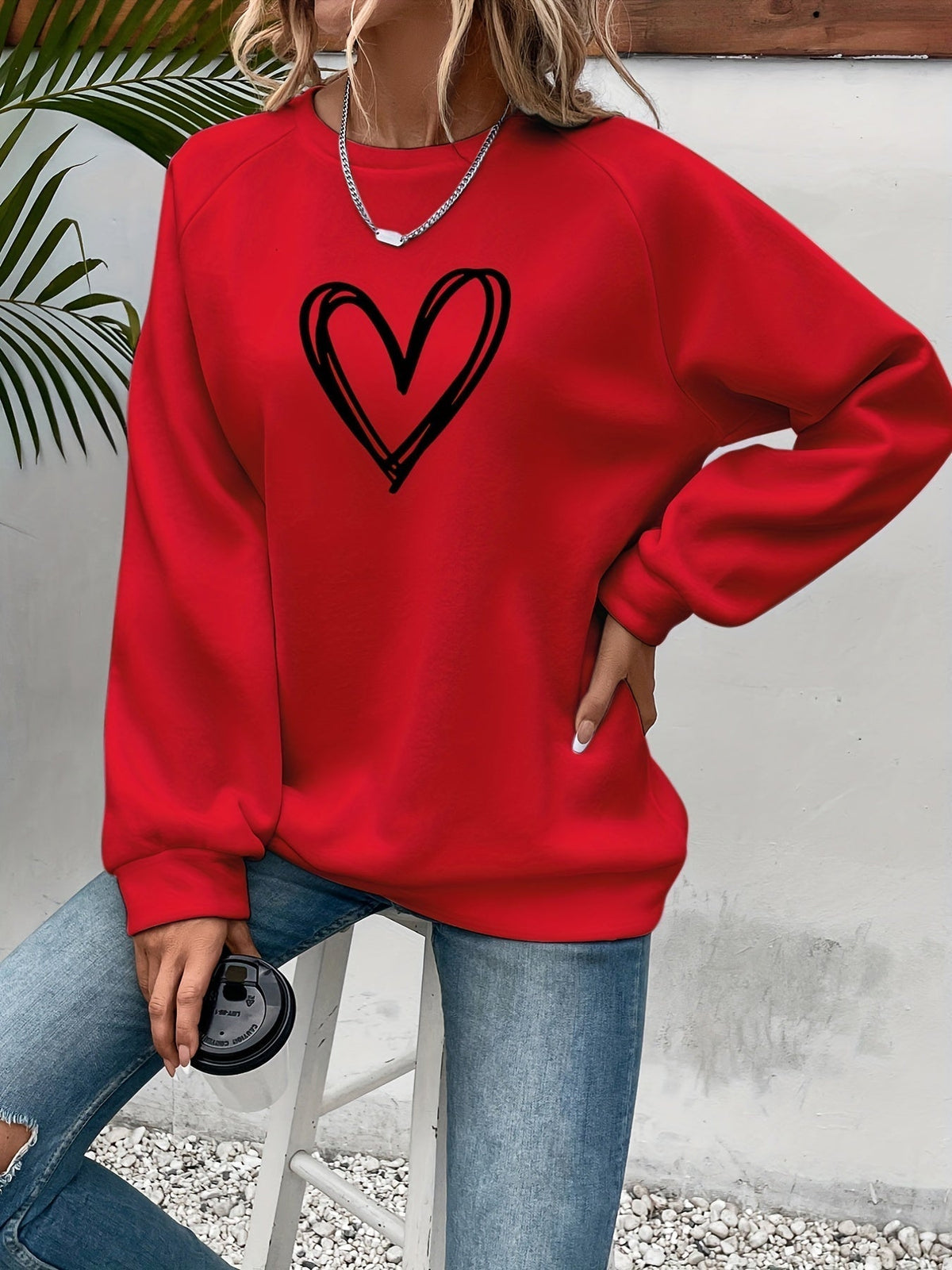 Cozy Oversized Sweatshirt for Women with Crew Neck Long Sleeve Heart Print Relaxed Style