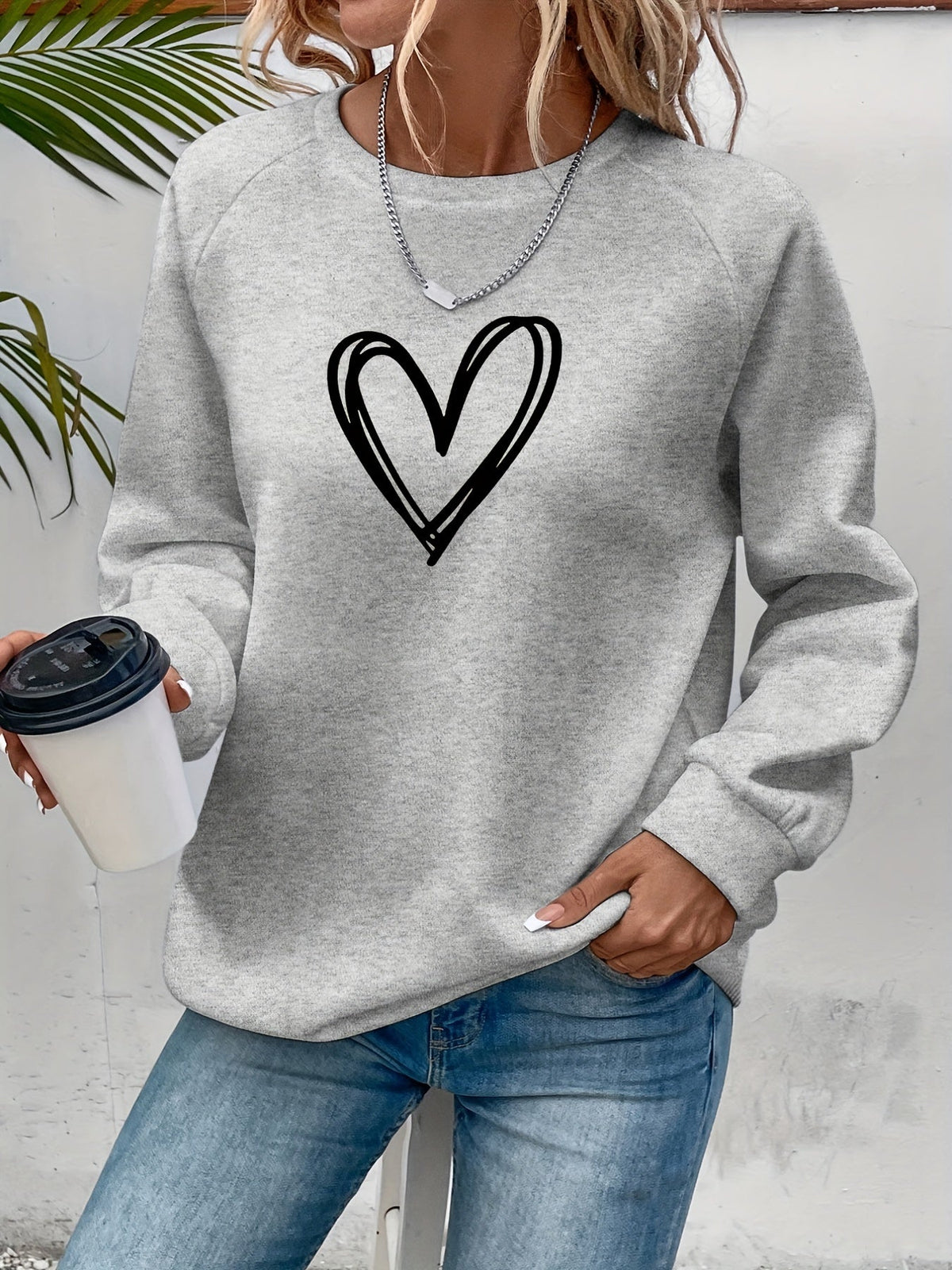 Cozy Oversized Sweatshirt for Women with Crew Neck Long Sleeve Heart Print Relaxed Style