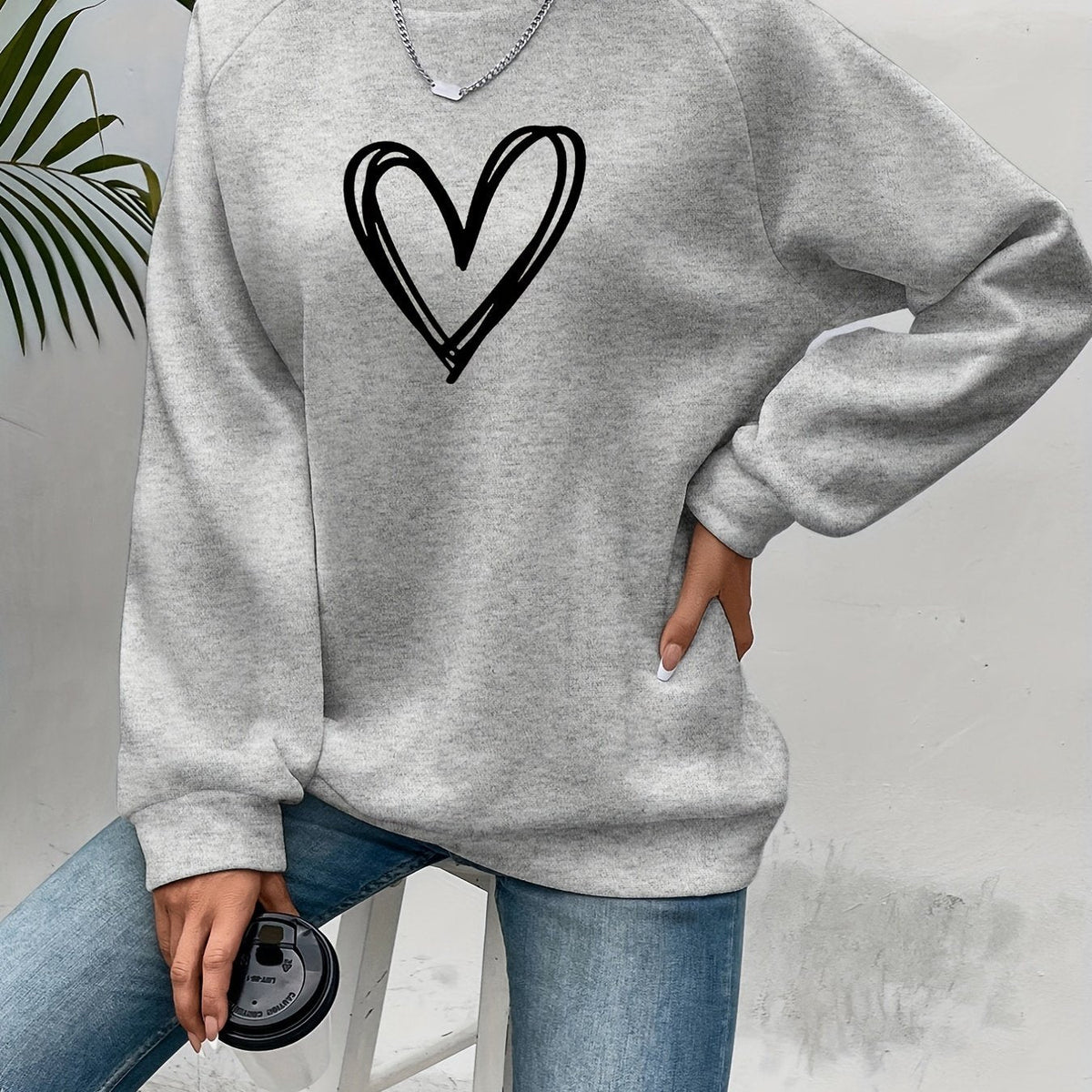 Cozy Oversized Sweatshirt for Women with Crew Neck Long Sleeve Heart Print Relaxed Style