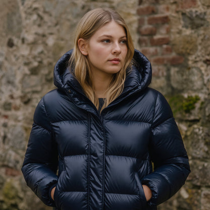 Cozy Puffer Jacket for Women with Hooded Collar Long Sleeve Zip Up Padded Quilted Style