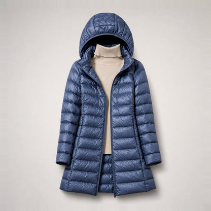 Cozy Longline Puffer Jacket for Women with Hooded Collar Long Sleeve Zip Up Lightweight Style