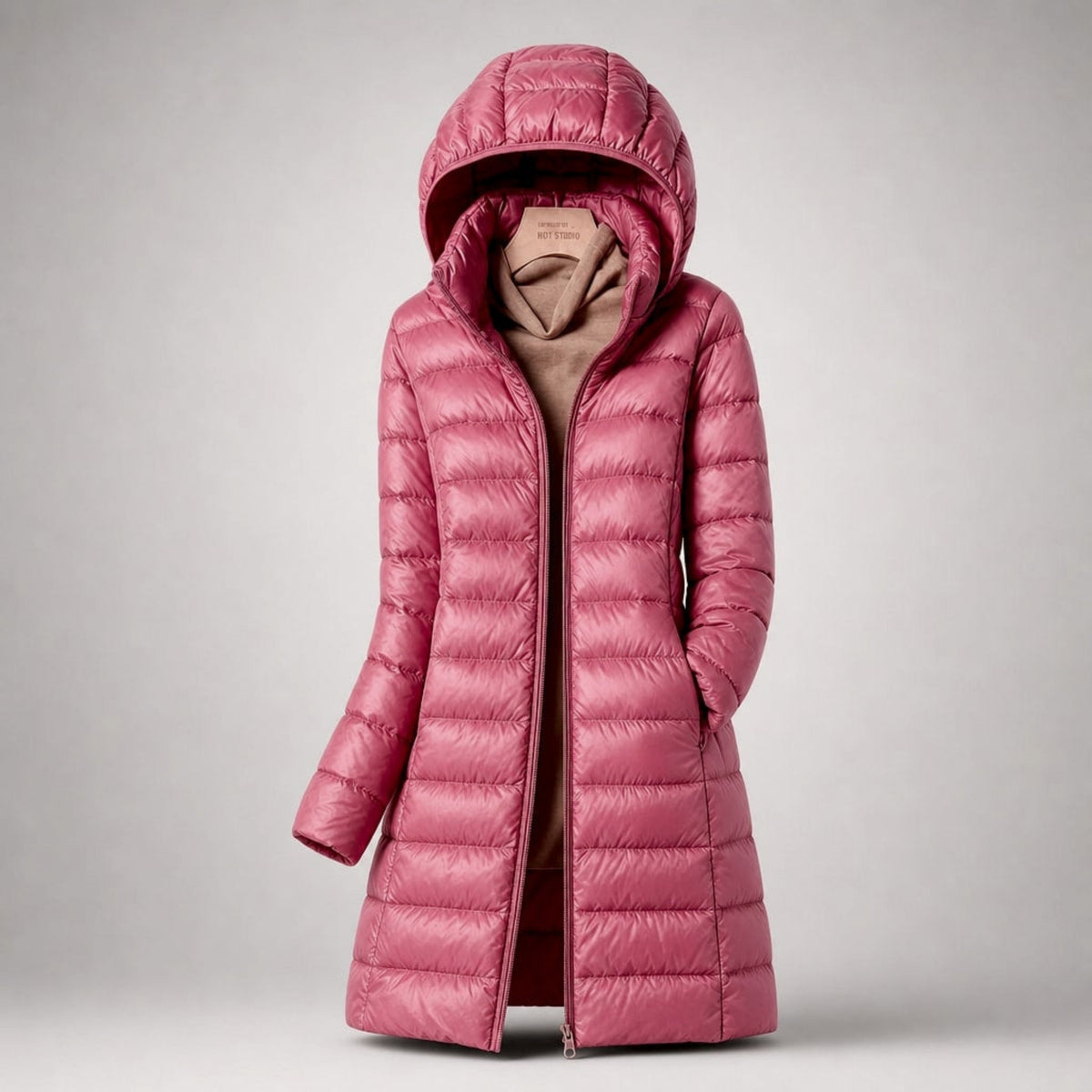 Cozy Longline Puffer Jacket for Women with Hooded Collar Long Sleeve Zip Up Lightweight Style