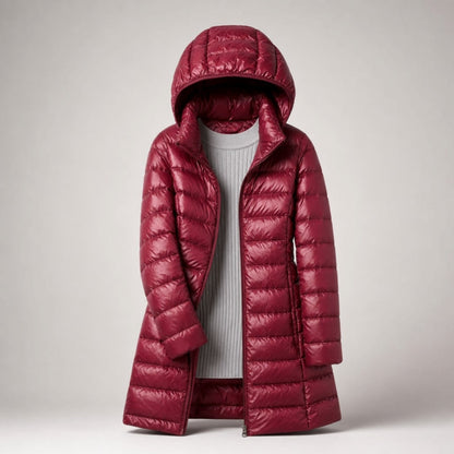 Cozy Longline Puffer Jacket for Women with Hooded Collar Long Sleeve Zip Up Lightweight Style