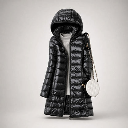 Cozy Longline Puffer Jacket for Women with Hooded Collar Long Sleeve Zip Up Lightweight Style