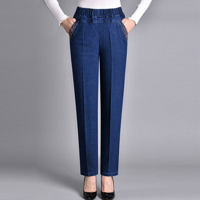 Comfortable Denim Jeans for Women with High Waist Elastic Waistband Tapered Leg Embroidered Pocket Style