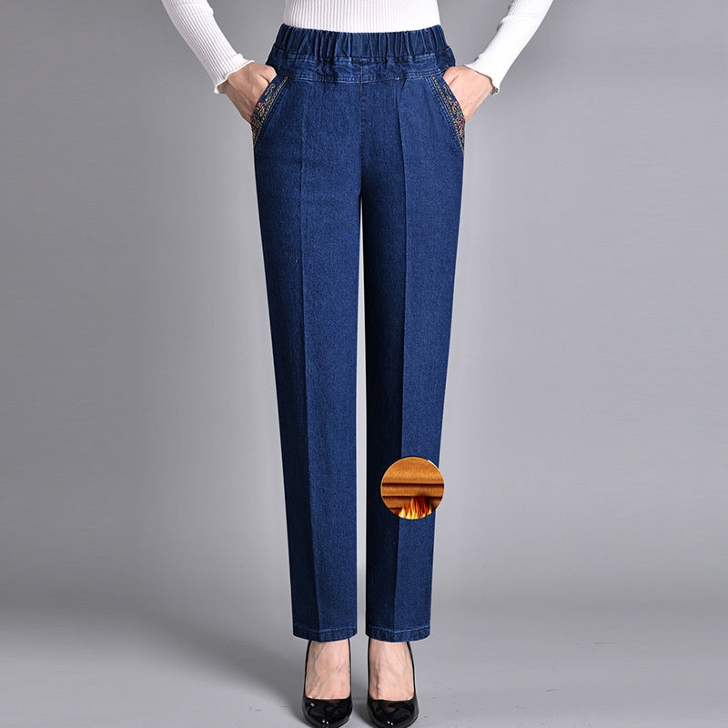 Comfortable Denim Jeans for Women with High Waist Elastic Waistband Tapered Leg Embroidered Pocket Style