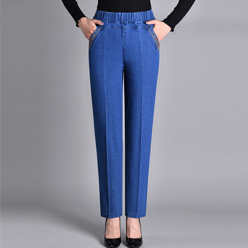 Comfortable Denim Jeans for Women with High Waist Elastic Waistband Tapered Leg Embroidered Pocket Style